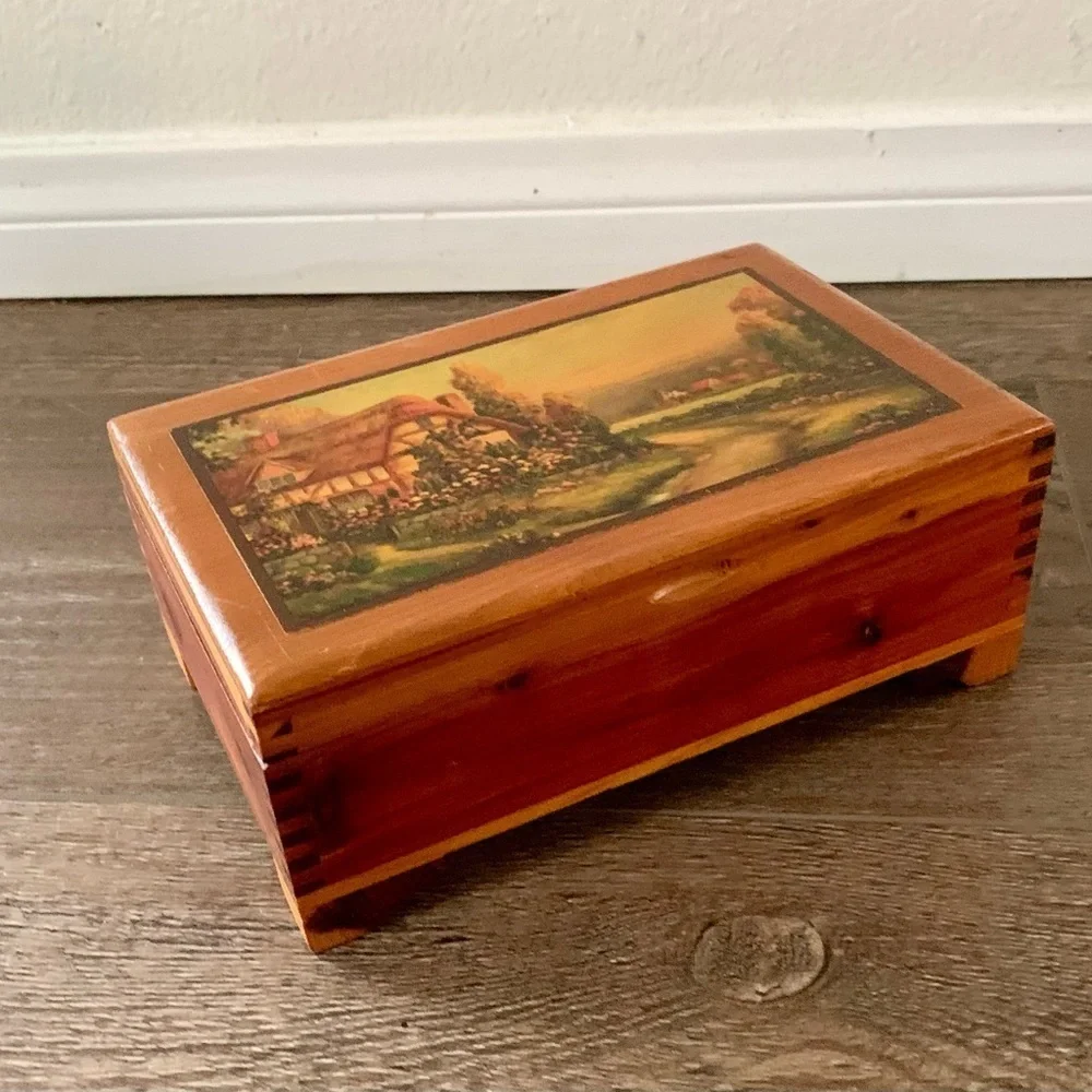 Vintage cedar wood box with picture of English cottage